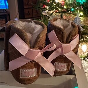 UGG Tan Baby Boots with Pink Bow with original box